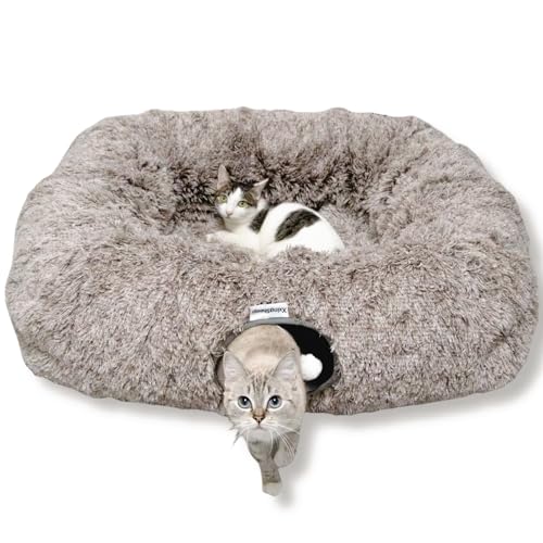 XxingSheep XL Katzentunnel mit Bett für Indoor-Katzen, Peekaboo Katzenhöhle, Donut-Spielzeug mit Warmer Matte, Gelbbraun von XxingSheep