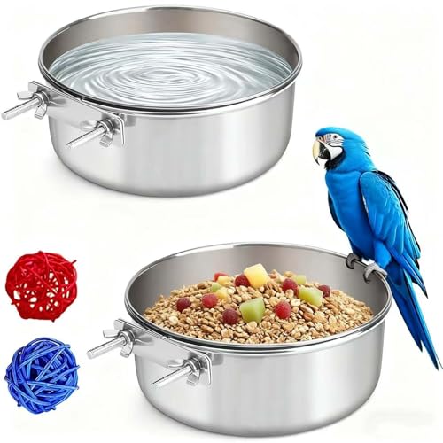 2 Stück Edelstahl-Vogelfutter-Wassernäpfe, Papageien-Futterschale mit Klemmhalter, Vogelballspielzeug für Chinchilla, Nymphensittiche, Sittiche, Sittiche, Kleintiere (klein) von Xxmbbjy