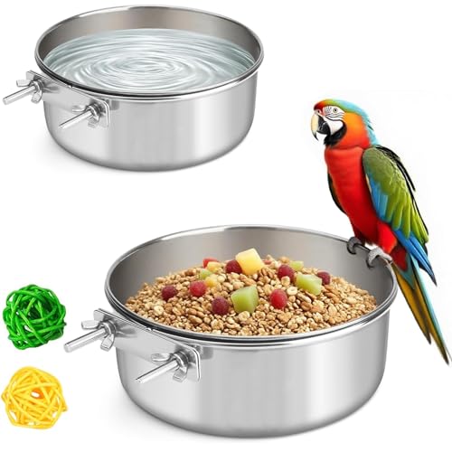 2 Stück Edelstahl-Vogelfutter-Wassernäpfe, Papageien-Futterschale mit Klemmhalter, Vogelballspielzeug für Chinchilla, Nymphensittiche, Sittiche, Sittiche, Kleintiere (klein + mittel) von Xxmbbjy