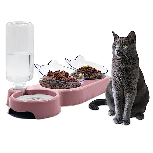 3-in-1-Wassernapf für Hunde und Katzen, 15° neigbar, 3-in-1, Doppel-Futterschüsseln mit automatischer Wasserflaschen-Schüssel, abnehmbarer Futternapf für Katzen und Welpen, Rosa von Y-ANNJYA