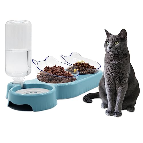 Dreifach-Katzennäpfe, 15° neigbar, 3-in-1-Wasser-Futternapf, Katzen-Doppel-Futternäpfe mit automatischer Wasserflasche, Schnurrhaar-freundlich, für nasse und trockene Katzen, erhöhter Futternapf für von Y-ANNJYA