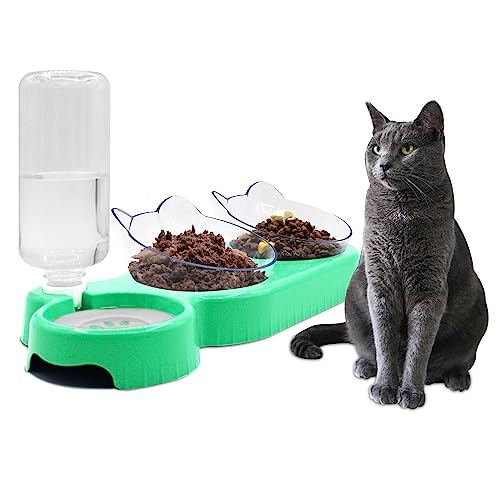 Dreifach-Katzennäpfe, 15° neigbar, 3-in-1-Wasser-Futternapf, Katzen-Doppel-Futternäpfe mit automatischer Wasserflaschennapf, Schnurrhaar-freundlich, für nasse und trockene Katzen, erhöhter Futternapf von Y-ANNJYA