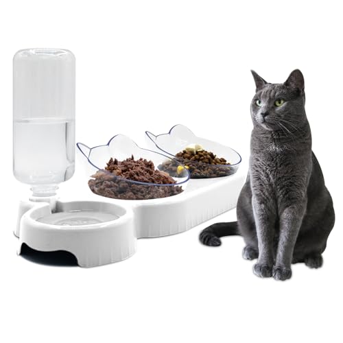 Dreifacher Futternapf für Hunde und Katzen, um 15 ° neigbar, 3-in-1-Wasser-Futternäpfe mit automatischer Wasserflasche, herausnehmbarer Futternapf für Katzen und Welpen, Weiß von Y-ANNJYA