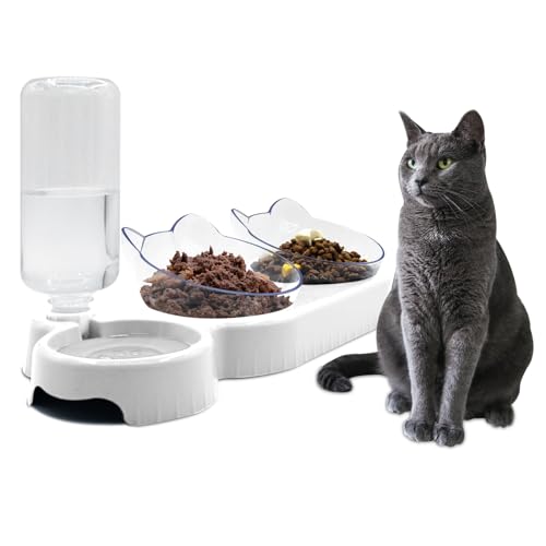 Triple Dog 3 in 1 Neigen Katzennäpfe - Doppelte Futternäpfe mit automatischer Wasserflasche, Abnehmbares Nass- & Trockenfutterschüssel-Set für kleine Katzen & Welpen (Weiß) von Y-ANNJYA
