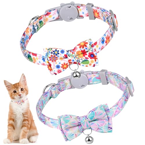 Y-blue Katzenhalsband mit Glocke und Fliege, 2 Stück, niedliches Katzenhalsband, verstellbares Halsband mit Sicherheitsschnalle für Mädchen, Jungen, Kätzchen (Rosengelb und Violett-Rosa) von Y-blue