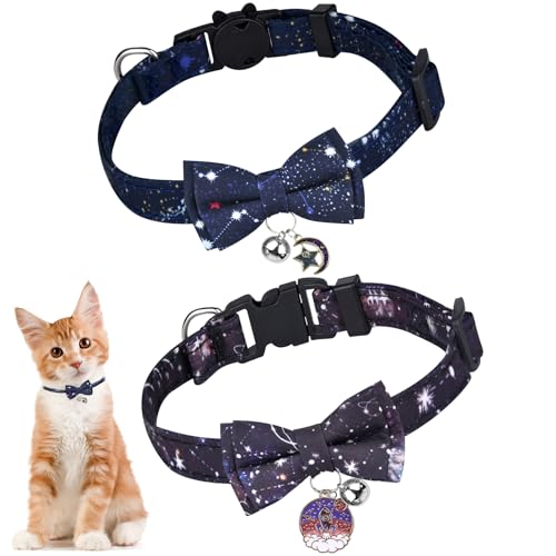Y-blue Katzenhalsband mit Glocke und Fliege, 2 Stück, niedliches Katzenhalsband, verstellbares Halsband mit Sicherheitsschnalle für Mädchen, Jungen, Kätzchen (lila, schwarz und blau) von Y-blue