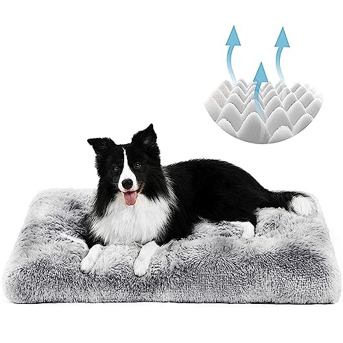 YAGE Großes Hundebett waschbar – Memory-Schaum, orthopädisches Hundebett und Matratzenmatte für Hundekäfig, langes Plüsch-Hundebett, beruhigendes Hundebett für Angsthunde (L-90 cm, Grau) von YAGE