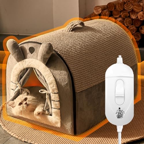 Katzenbett Verstellbares, Beheiztes Katzenbett für Wohnungskatzen, Waschbare Katzenbetthöhle mit Abnehmbarem Haustier-Heizkissen, Rutschfestes Elektrisches Kitty-Hauszelt in Grau (Size : L) von YANBI