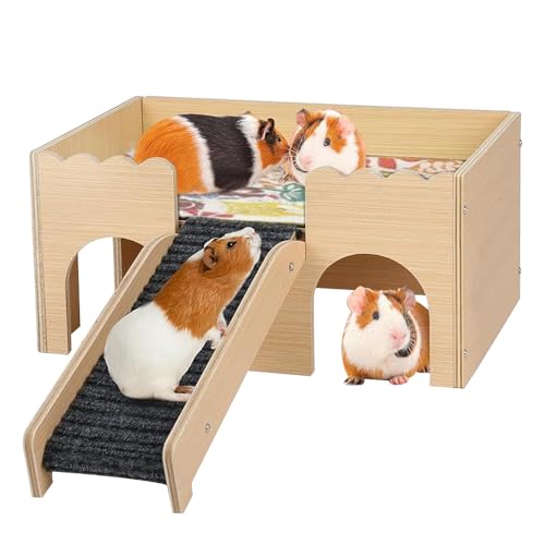 YANGUN Groß Meerschweinchen Haus, Holz Hamsterhaus mit Treppe und Matten, 2 Etagen Hamster Versteck, Hamster Haus Holz mit 3 Eingänge, für Kleine Haustiere Rennmäuse Degus Stachelmäuse Hase von YANGUN
