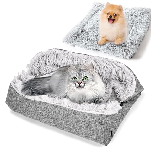 Katzenbett, 2 in 1 Plüsch Weich Katzenkissen, Hundebett, Haustierbett, Klein Hund Bett, Katzendecke, Tierbett, Katzenbett Flauschig, Waschbar, für Katzen Und Kleine Hunde, 60 cm x 52 cm (Grau) von YANJINGHE