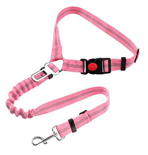 Sicherheitsgeschirr Hund, Einstellbar mit Elastischer Buffer, 360° Drehkarabiner Nylon Haustier Sicherheitsgurte Heavy Duty Auto Geschirr für Hunde (Sockeltyp, Rosa) von YAODHAOD