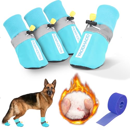 YAODHAOD Hund Schneestiefel，Atmungsaktive Socken, Hundeschuhe Fleece für mittlere bis große Hunde, reflektierenden Riemen Anti-Rutsch Sohle, Hundestiefel für Innenräume (L, blau) von YAODHAOD