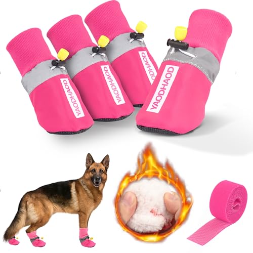 YAODHAOD Hund Schneestiefel，Atmungsaktive Socken, Hundeschuhe Fleece für mittlere bis große Hunde, reflektierenden Riemen Anti-Rutsch Sohle, Hundestiefel für Innenräume (L, rosa) von YAODHAOD