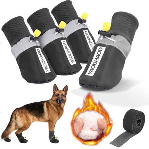 YAODHAOD Hund Schneestiefel，Atmungsaktive Socken, Hundeschuhe Fleece für mittlere bis große Hunde, reflektierenden Riemen Anti-Rutsch Sohle, Hundestiefel für Innenräume (L, schwarz) von YAODHAOD