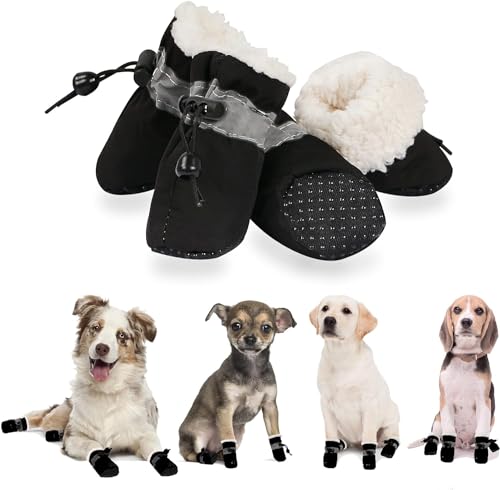 YAODHAOD Pfotenschutz für Hunde,Plüsch Hundestiefel, Bequeme Atmungsaktive, rutschfeste Schuhe, Weiche Sohle mit Reflektierendem Klebeband, Geeignet für kleine Hunde(Größe 3: 4 x 3 cm L*W, Schwarz) von YAODHAOD