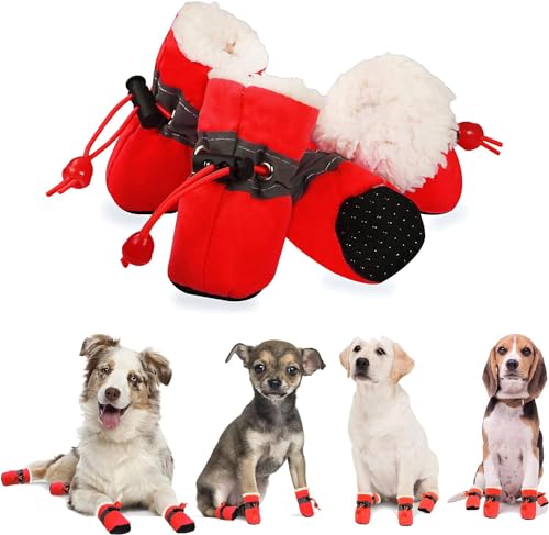 YAODHAOD Pfotenschutz für Hunde,Plüsch Hundestiefel, Bequeme Atmungsaktive, rutschfeste Schuhe, Weiche Sohle mit Reflektierendem Klebeband, Geeignet für kleine Hunde(Größe 7: 6 x 5 cm L*W, Rot) von YAODHAOD