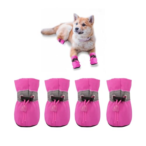 YAODHAOD Hundeschuhe，Hundestiefel Pfotenschutz, Anti-Rutsch-Hundeschuhe Diese bequemen, weichen Sohle sind mit reflektierenden Riemen für kleine Hunde (4: L 4.5 cm*W 4 cm, Rosenrot) von YAODHAOD