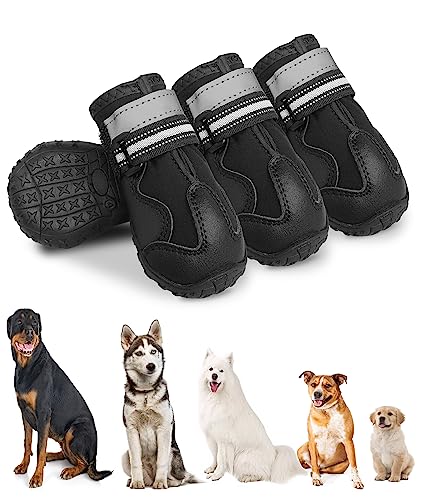 YAODHAOD Hundeschuhe Pfotenschutz für Hunde Robuste Anti-Rutsch Stiefel Sohle Outdoor Hund Wanderschuhe mit reflektierenden Streifen für mittlere große Hunde 4PCS/Set (5, Schwarz) von YAODHAOD