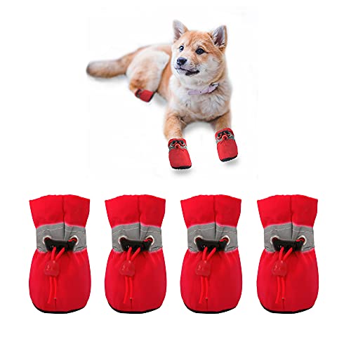 YAODHAOD Hundestiefel Paw Protector, rutschfeste Hundeschuhe ， Diese bequemen Hundeschuhe mit weichen Sohlen sind mit reflektierenden Trägern für kleine Hunde ausgestattet (4: L 4.5 cm*W 4 cm, Rot) von YAODHAOD