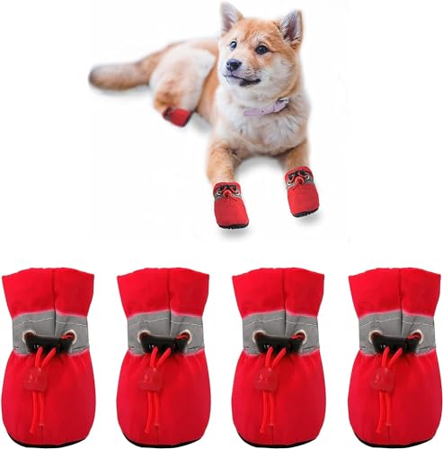 YAODHAOD Hundestiefel Pfotenschutz, Anti-Rutsch-Hundeschuhe Diese bequemen, weichen Sohle sind mit reflektierenden Riemen für kleine Hunde (5: 4,9x3,9 cm L*W, Rot) von YAODHAOD