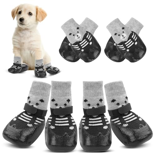 YAODHAOD Rutschfeste Hundesocken für Hartholzböden, Hundeschuhe, heiß/kalter Gehweg, um Lecken von Pfoten, Hundestiefel und Pfotenschutz, Traktionskontrolle für kleine Hunde (4 Stück) (Schwarz, M) von YAODHAOD
