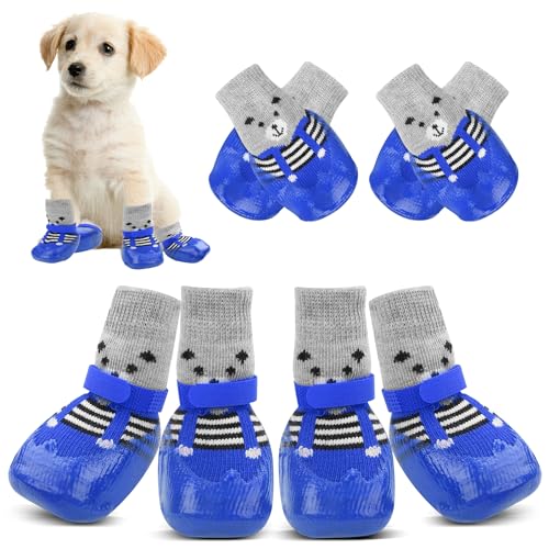 YAODHAOD Rutschfeste Hundesocken für Hartholzböden, Hundeschuhe, heiß/kalter Gehweg, um Lecken von Pfoten, Hundestiefel und Pfotenschutz, Traktionskontrolle für kleine Hunde (4 Stück) (blau, groß) von YAODHAOD