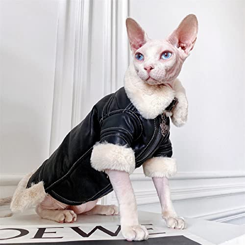 YAOER Hairless Cat Sphinx Devon Kleidung Weihnachten Herbst und Winter Motorrad Lederjacke Fell Thermomantel,Schwarz,L von YAOER