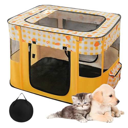 Faltbarer Katzenlaufstall, 70 x 55 x 45 cm, tragbarer Haustier-Laufstall mit Aufbewahrungstasche, Katzen-/Hundebox für drinnen und draußen, Reisen, Camping, Gelb von YAOJUCYE