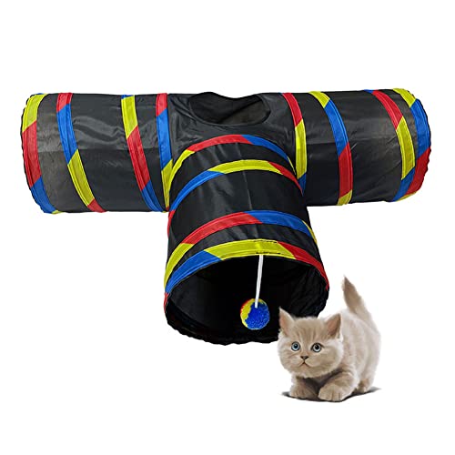 Bunt gestreift T-förmige Katze Tunnel-Haustierbedarf Faltbares Katzenspielzeug Haustiertunnel mit aufgehängtem Ball für Indoor und Outdoor-Übungstraining von YAOTT
