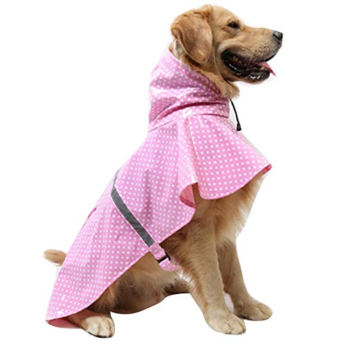 Leicht Hunde Regenmantel mit Kapuze und Tasche Wasserdichte Hundemantel mit Kragenloch und Sicheren reflektierenden Streifen Regenjacke Hundejacke für Mittelgroße und Groß Hunde Pink mit Tupfen XXL von YAOTT
