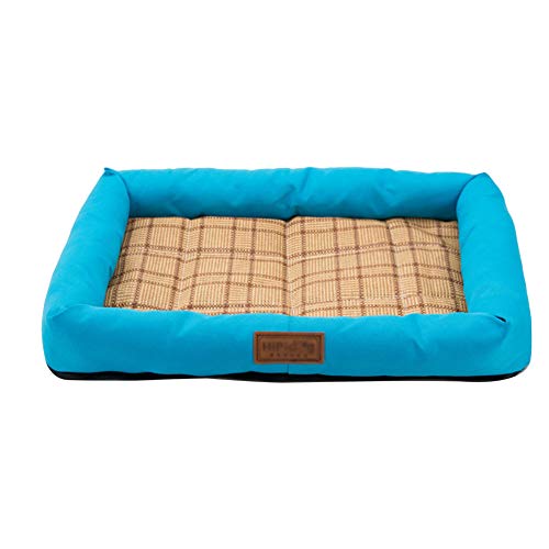 YAOTT Haustierbett mit Rattan Matte,Einfarbig Schlafmatte Atmungsaktive Kühlmatte Hundebett Katzenbett Kühlpad Schlafbett Hund Katze Blau M(50 * 41 * 6cm) von YAOTT