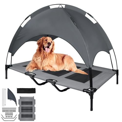YARDIN Hundebett mit Baldachin, Haustierbett mit Dach, Erhöhtes Hundeliege, Hundehütte Outdoor Große Hunde, Haustier Liegeplatz draußen, Hundeliegeplatz Katzenbett Taftstoff - 122 x 92 x 102 cm von YARDIN