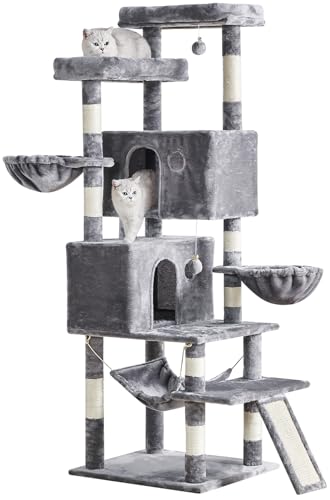 Kratzbaum für Indoor-Katzen, groß, Erwachsene, mehrstöckig, hoher Katzenturm mit Sisal-Kratzstämmen, großen Plüsch-Sitzstangen, geräumigen Höhlen, Körben, Hängematte und Schableiter, Hellgrau Kratzbaum für Indoor-Katzen, groß, Erwachsene, mehrstöckig, hoher Katzenturm mit Sisal-Kratzstämmen, großen Plüsch-Sitzstangen, geräumigen Höhlen, Körben, Hängematte und Schableiter, Hellgrau von YARUOMY