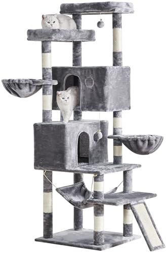 Kratzbaum für Indoor-Katzen, groß, Erwachsene, mehrstöckig, hoher Katzenturm mit Sisal-Kratzstämmen, großen Plüsch-Sitzstangen, geräumigen Höhlen, Körben, Hängematte und Schableiter, Hellgrau von YARUOMY