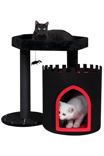 YARUOMY Gothic Cat Tree Castle, schwarzer Katzenturm mit Sarg Katzenbett, geräumige Katze Condo für Halloween Katze, Kraft Twine Kratzbäume, Spinne hängenden Ball, Goth Pet Möbel (Klein) von YARUOMY