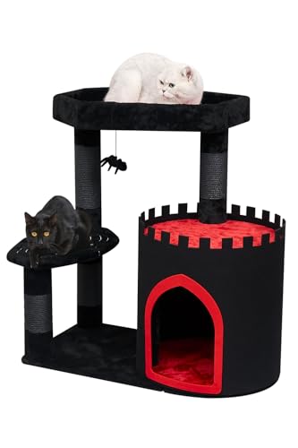 YARUOMY Gothic Cat Tree Castle, schwarzer Katzenturm mit Sarg Katzenbett, geräumige Katze Condo für Halloween Katze, Kraft Twine Kratzbäume, Spinne hängenden Ball, Goth Pet Möbel (mittel) von YARUOMY