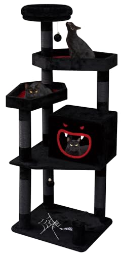 YARUOMY Gothic-Katzenbaum mit Sargbett, 158,8 cm, schwarzer Katzenturm mit geräumigem Dämonen-Stil, gemütliche Plüsch-Sitzstange, Kratzstämme, Hängeball, mehrstufige Katzenaktivitäten, Möbel für große von YARUOMY