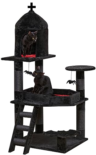 YARUOMY Gothic Kratzbaum groß, 140 cm hoch，Kratzbaum Grosse Katzen Stabil，XXL Katzenbaum mit 6 Dicker Kratzsäulen，Spinne hängende Kugel，Sargbett Plattformen，Höhle，Schwarzer katzenturm Halloween von YARUOMY