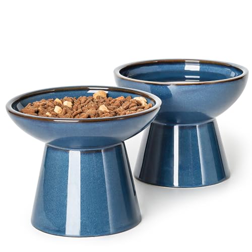 YauYik Erhöhtes Katzenfutter-Wassernapf-Set, 15,7 cm, extra breit, erhöht, flach, Katzenfutter, Schnurrhaar, freundlich für Katzen, kleine Hunde, erhöhtes Design für einfaches Fressen, Blau, 2 Stück von YAUYIK