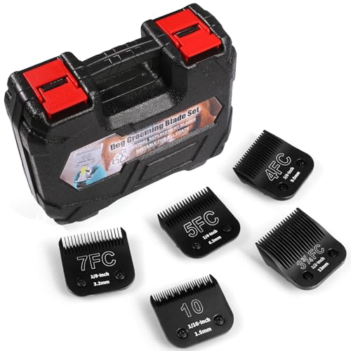 YAZIYIR 5 abnehmbare Hundepflege-Stahlklingen, kompatibel mit Andis, Oster A5, Wahl KM-10 Serie, Schnittlänge 1/16 Zoll bis 1/2 Zoll (10 + 7 FC + 5 FC + 4 FC + 3 3/4 FC-schwarz) von YAZIYIR