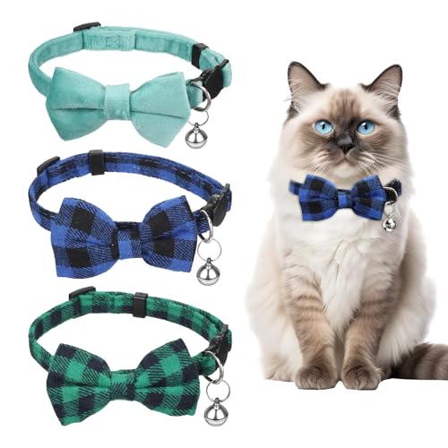 YBEATY Katzenhalsband mit Glöckchen, Katzenhalsbänder mit niedlicher Fliege, verstellbare Katzenhalsbänder, Sicherheitsschnalle, Kätzchenhalsband, weich, stilvolles Karomuster für Mädchen, Jungen von YBEATY