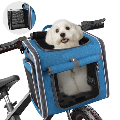 Hundekorb Fahrrad Vorne Faltbar & Erweiterbar, 4-in-1 Hundefahrradkorb mit 4 Öffnungen, Netzfenstern & Regenschutz, Fahrradkorb für Kleine & Mittelgroße Katzen und Hunde bis 10kg (Blau) von YCBTREE