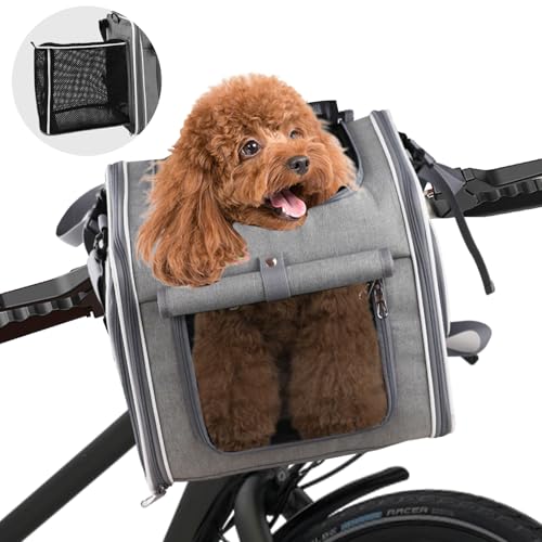 Hundekorb Fahrrad Vorne Faltbar & Erweiterbar, 4-in-1 Hundefahrradkorb mit 4 Öffnungen, Netzfenstern & Regenschutz, Fahrradkorb für Kleine & Mittelgroße Katzen und Hunde bis 10kg (Grau) von YCBTREE