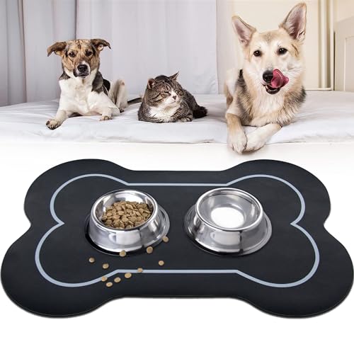 Futtermatte für Hunde und Katzen, saugfähig, rutschfest, Kieselgur, super saugfähig, schnell trocknend, verhindert Wasserspritzer (schwarz + 61,5 x 42,9 cm + Knochenform) von YCTMALL