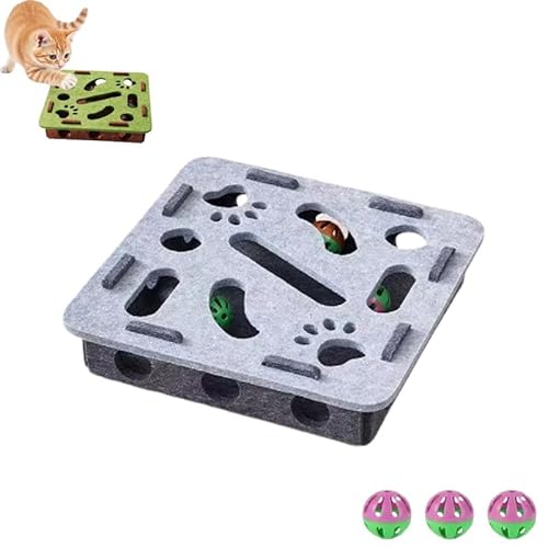 YCYATS Kratzpuzzle-Spielbox für Katzen, mentales Stimulationsspielzeug, Filzlabyrinth mit Glöckchen für Wohnungskatzen (Grau, Quadratisch) von YCYATS