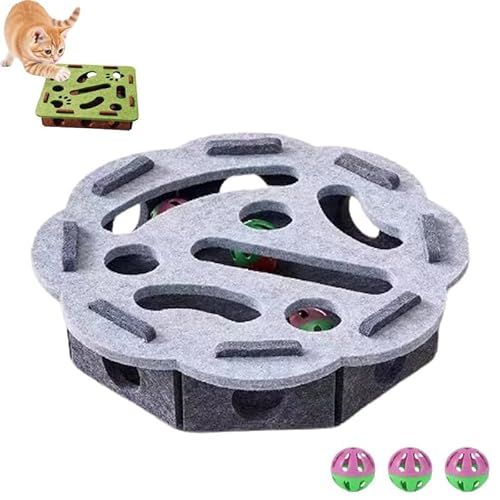YCYATS Kratzpuzzle-Spielbox für Katzen, mentales Stimulationsspielzeug, Filzlabyrinth mit Glöckchen für Wohnungskatzen (Grau, Rund) von YCYATS