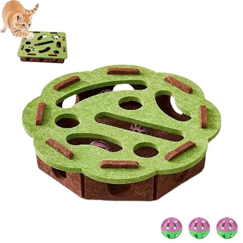 YCYATS Kratzpuzzle-Spielbox für Katzen, mentales Stimulationsspielzeug, Filzlabyrinth mit Glöckchen für Wohnungskatzen (Grün, Rund) von YCYATS