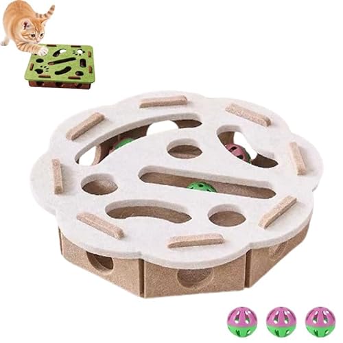 YCYATS Kratzpuzzle-Spielbox für Katzen, mentales Stimulationsspielzeug, Filzlabyrinth mit Glöckchen für Wohnungskatzen (Weiß, Rund) von YCYATS