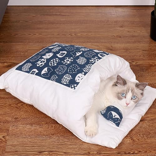 YCYATS Orthopädischer Katzenschlafsack, Die Weiche und Warme Schlafsack Für Katzen, Abnehmbares und Waschbares Katzenkissen, Sicherheitsgefühl-Tierbett (L (Within 12 pounds), Blaue Katze) von YCYATS