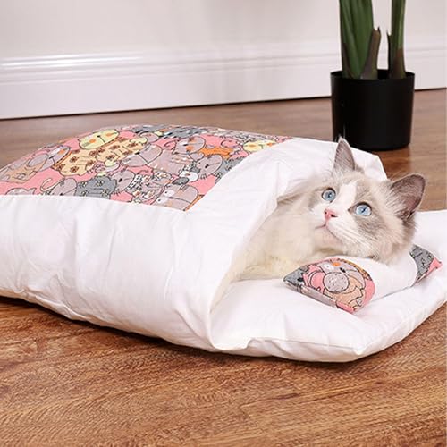 YCYATS Orthopädischer Katzenschlafsack, Die Weiche und Warme Schlafsack Für Katzen, Abnehmbares und Waschbares Katzenkissen, Sicherheitsgefühl-Tierbett (L (Within 12 pounds), Pinke Katze) von YCYATS